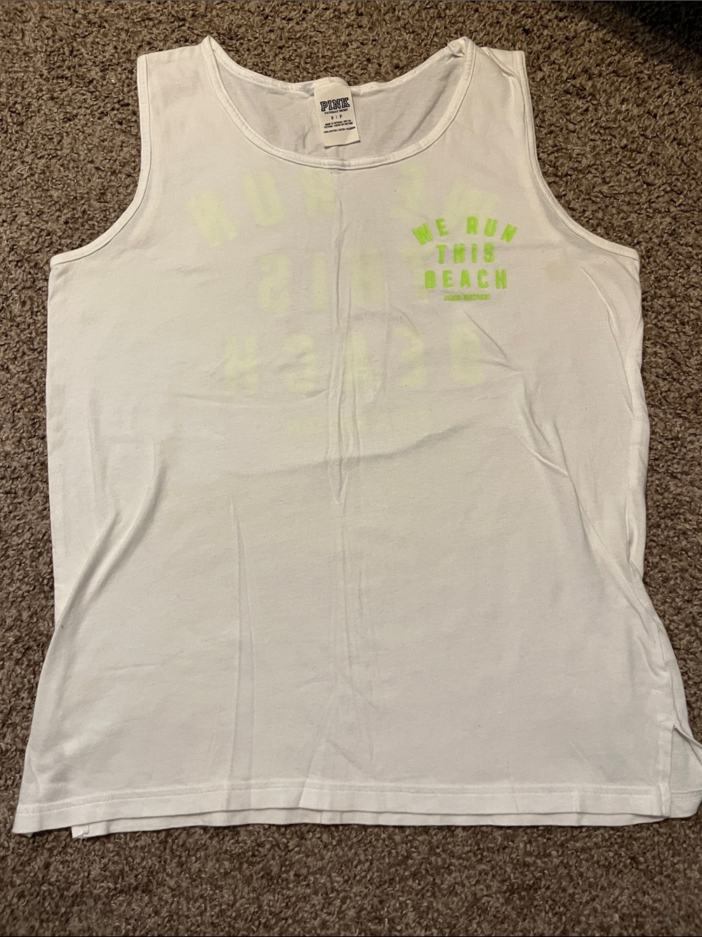 PINK White Tank with Neon Green Beach Slogan